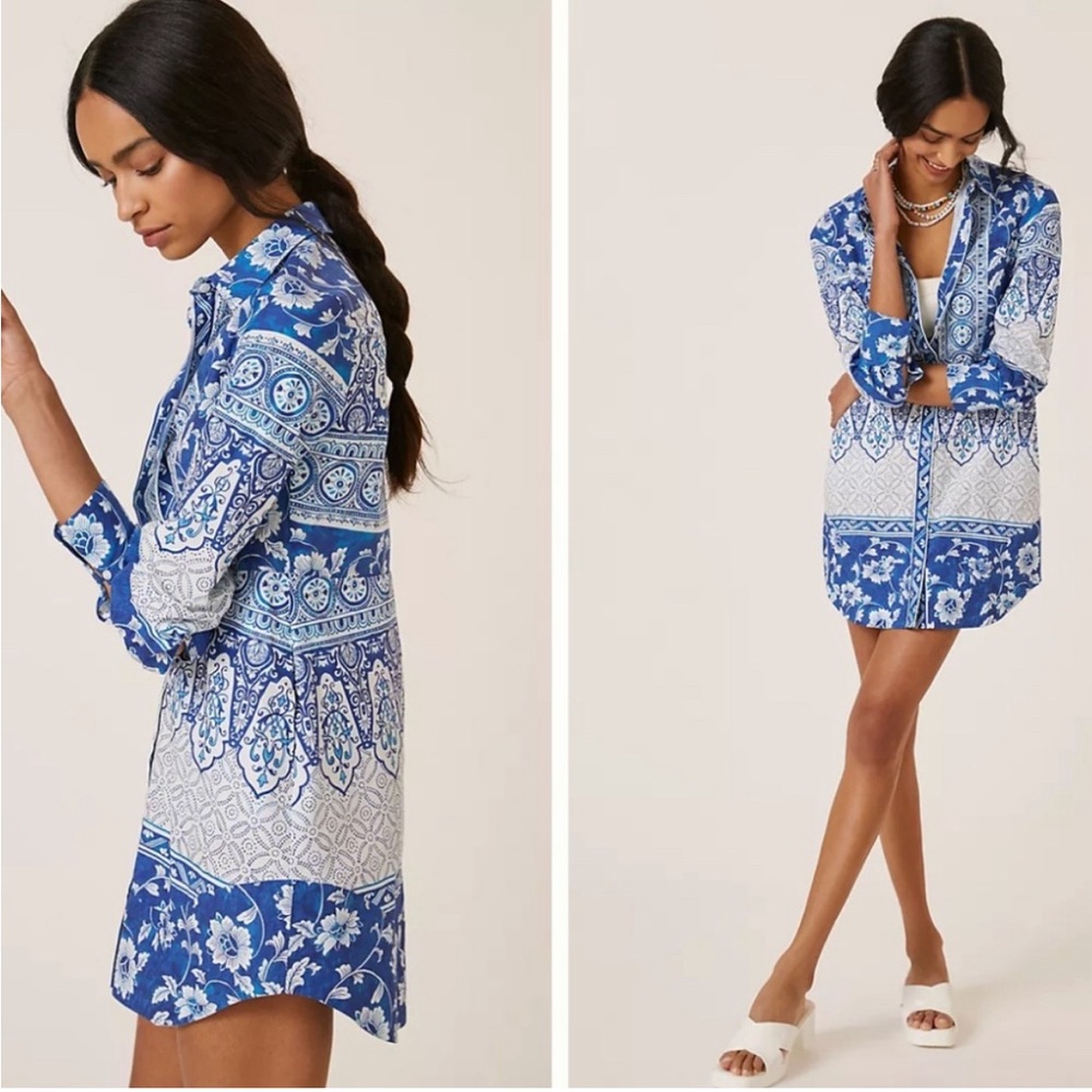 EUC ANTHROPOLOGIE Santorini button front collared shirt dress, size Large